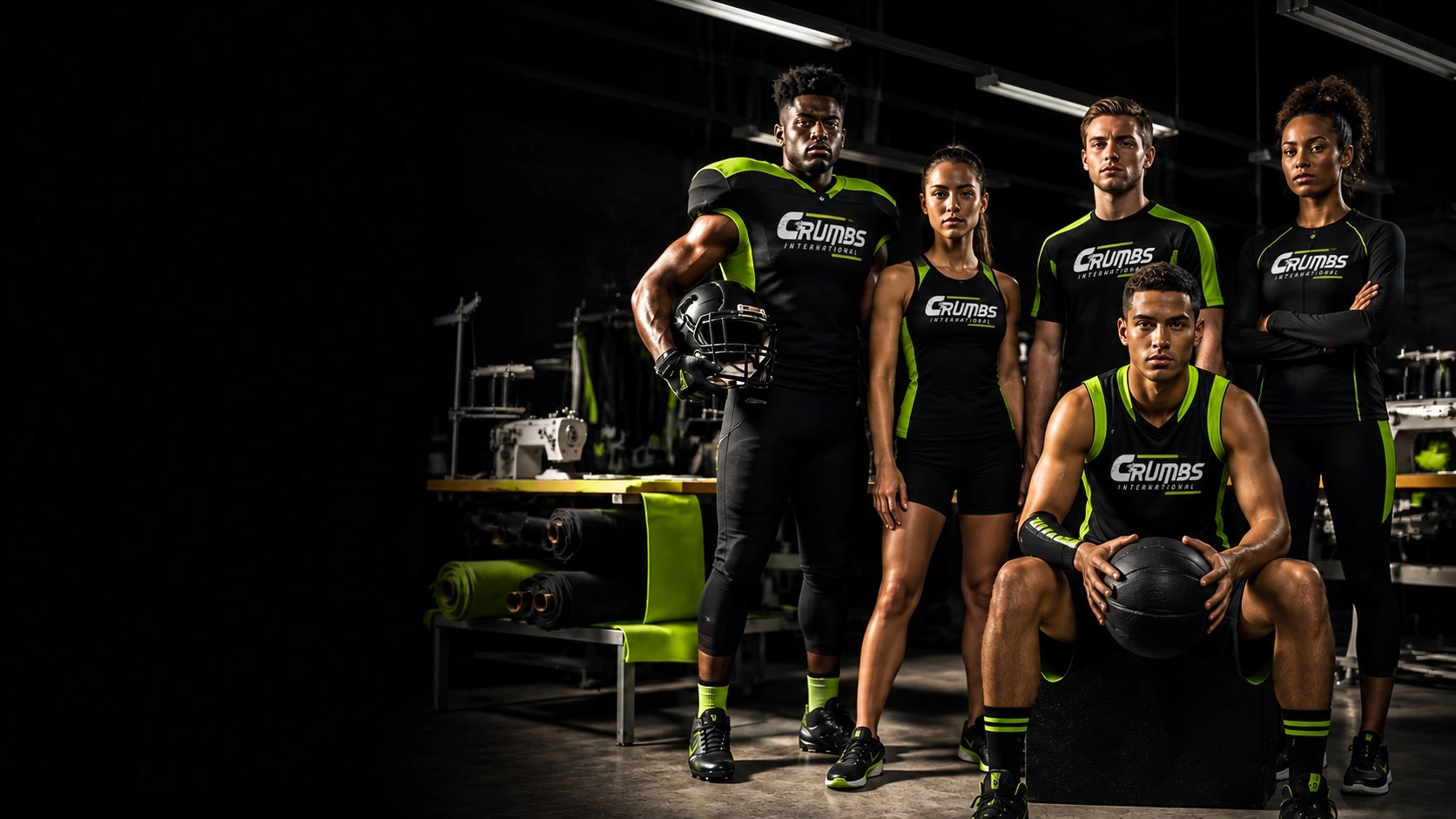 Athletes wearing custom black and lime performance uniforms inside an apparel studio
